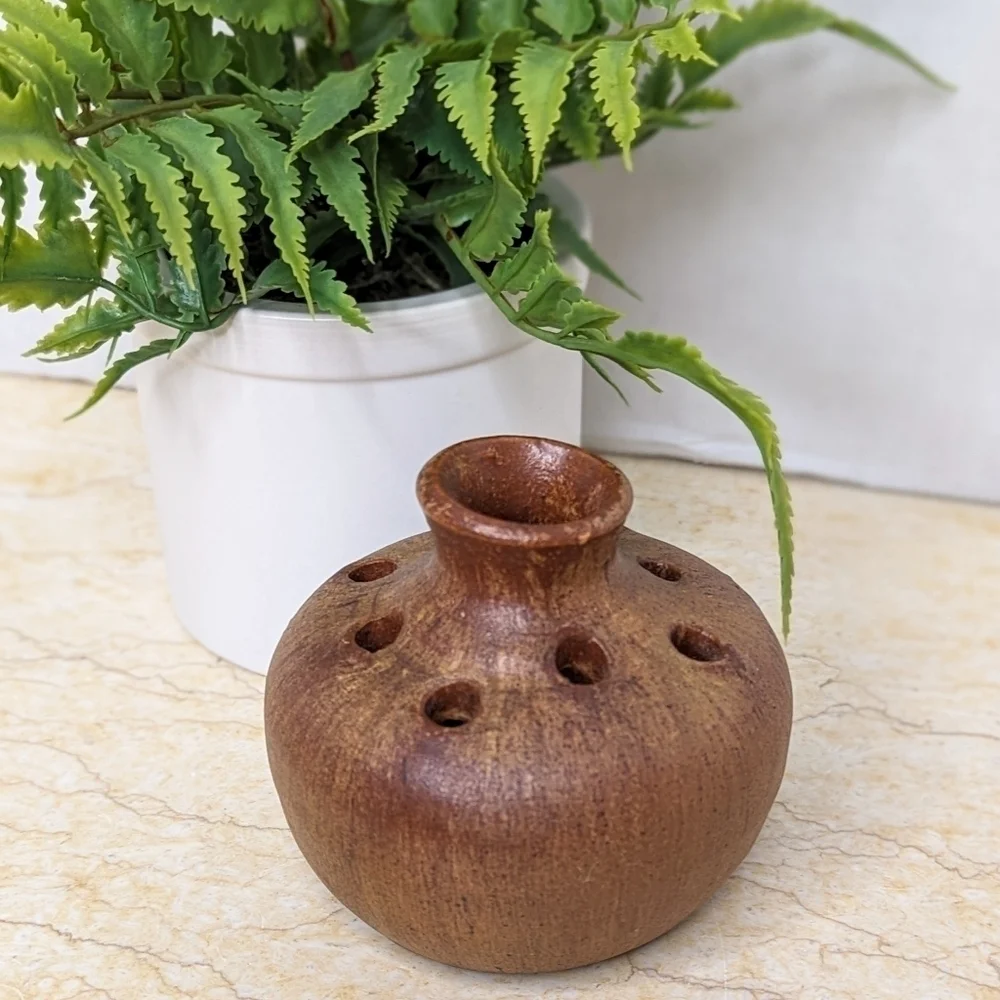Studio Pottery Seagrove Flower Frog  Brown Vase Handcrafted Artisan Made